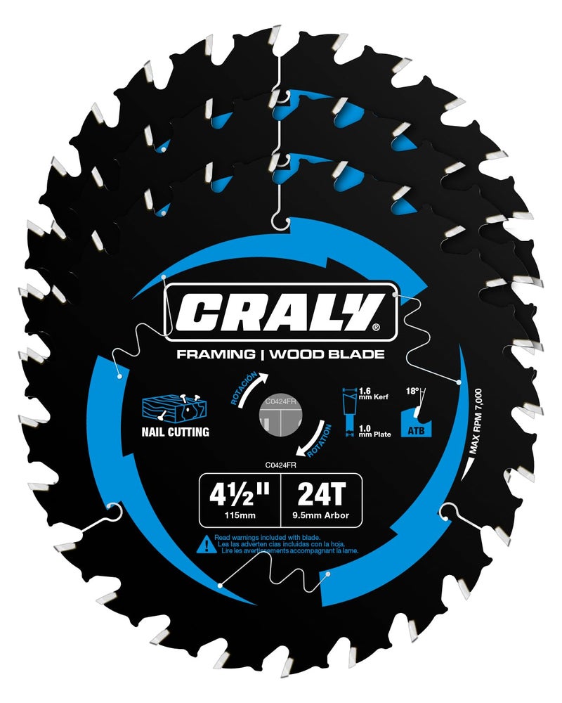 CRALY 4-1/2 Inch 24 Teeth Wood Cutting Framing Circular Saw Blade, 3/8 Inch Arbor, Carbide Tipped, Thin Kerf, Black Ice™ Coating, for Plywood, MDF, OSB, Laminated, 3-Pack(C0424FR-3) - Image 1
